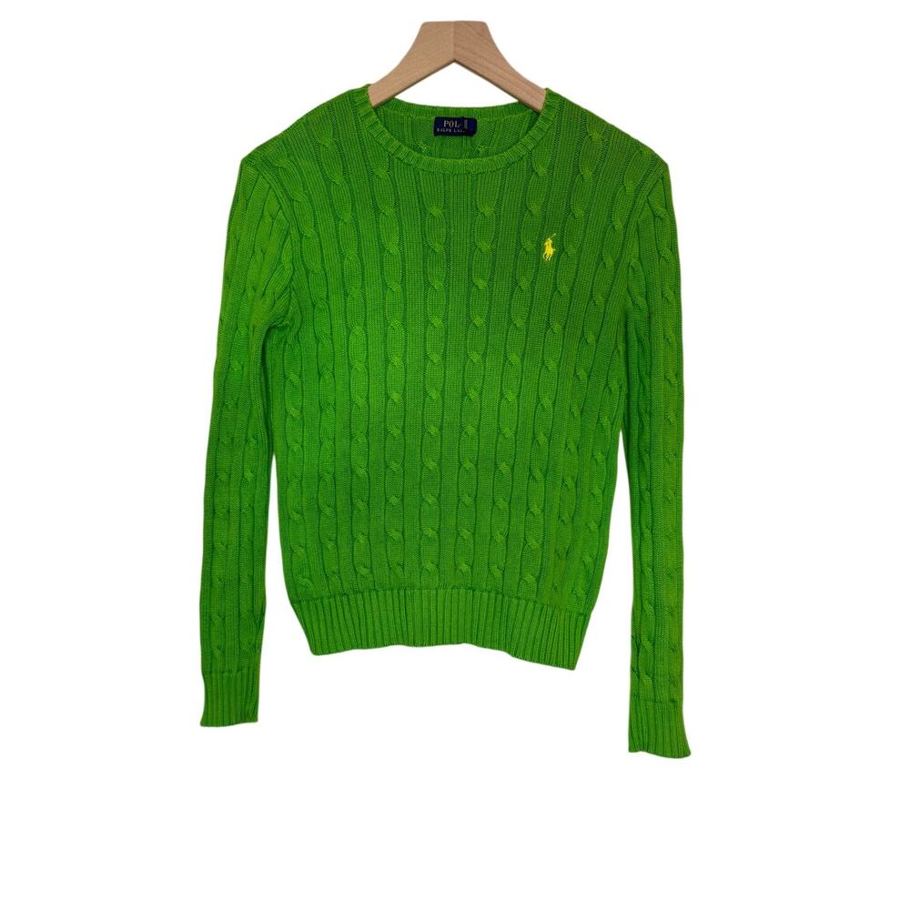 POLO RALPH LAUREN Women's S Crew Neck Cable Knit Cotton Sweater Lime Green Flaw